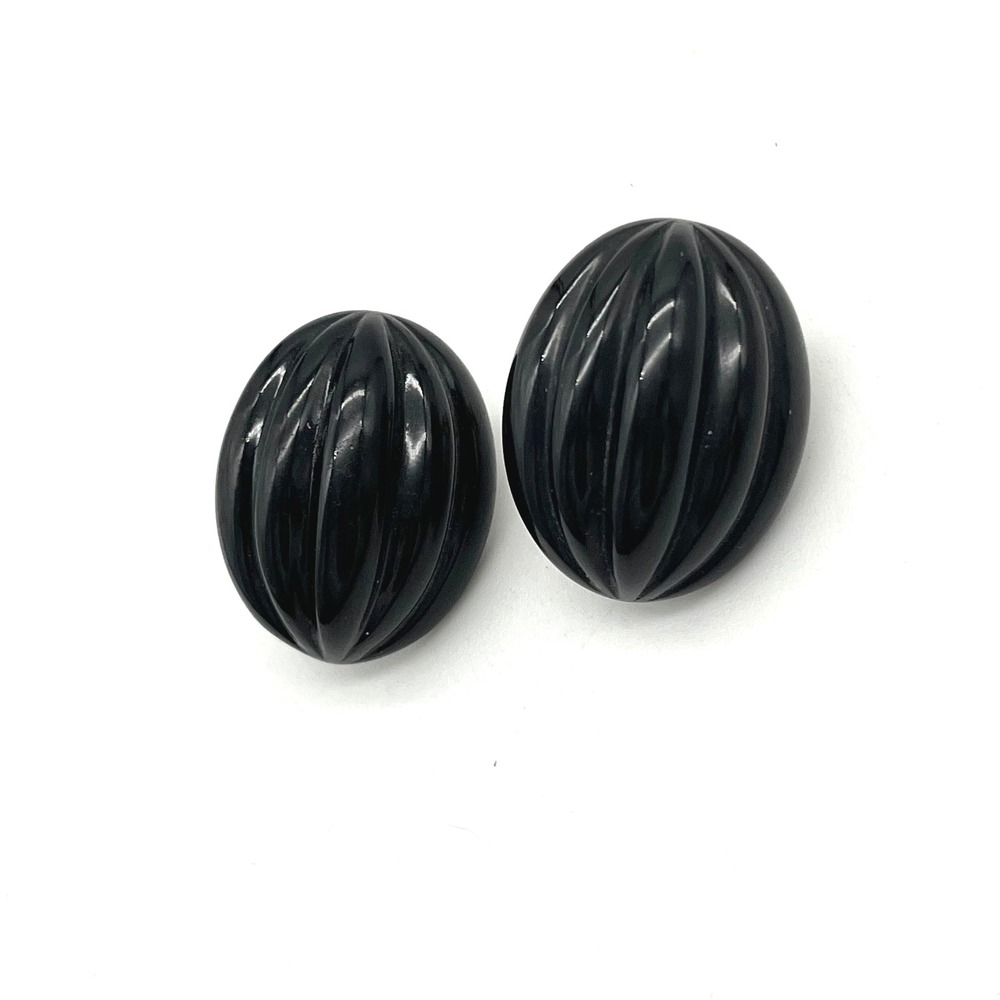 Napier Black Clip On Earrings‎ Oval Ribbed Vintage Designer Jewelry